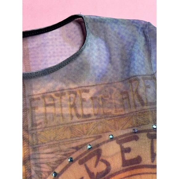 Y2K ALPHONSE MUCHA Art NOUVEAU Print Mesh Long Sleeve Blouse W/Rhinestones. XS-S - Picture 7 of 16